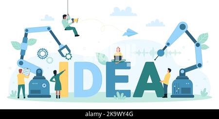 Automatisierung der Industrie, kreative Startup-Technologie Vektordarstellung. Cartoon kleine Menschen, Maschinen und Roboter Waffen bauen Idee Wort, Partnerschaft von Fabrikmaschinen und Team von Charakteren Stock Vektor