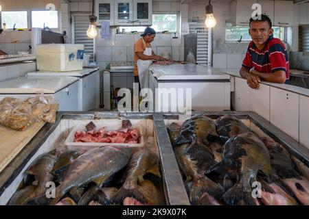 Zwei Männer verkaufen Sorten von Süßwasserfischen aus dem Amazonas auf dem Fischmarkt. Manaus, Amazonas, Brasilien. Stockfoto