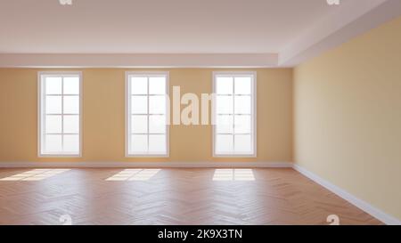 Schönes, leeres Interieur des Beige-Zimmers mit weißer Decke und Eckleiste, glänzendem Herringbone-Parkettboden, drei großen Fenstern und einem weißen Sockel. 3D Abbildung, 8K Ultra HD, 7680x4320 Stockfoto