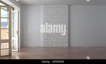 Inneneinrichtung des Hotels mit weißer Mauer und Mauerwerk in der Mitte, dunklem Parkett und weißem Stuck. Leeres Zimmer mit offenen Türen mit Blick auf den Strand, gelben Sand und Wolken. 3D Rendering, 8K Ultra HD Stockfoto