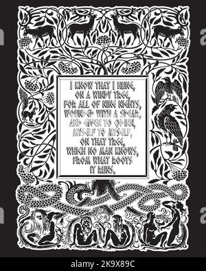 Vintage-Gravur. Der Baum des Lebens in der nordischen Mythologie, Tiere und Menschen, die Schlange und die Spriche des Norsengottes Odin Stock Vektor