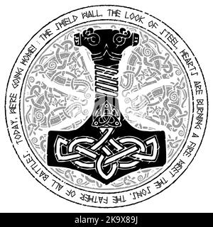 Gott Thor Hammer - Mjollnir. Rundes traditionelles skandinavisches Ornament und Runentext Stock Vektor