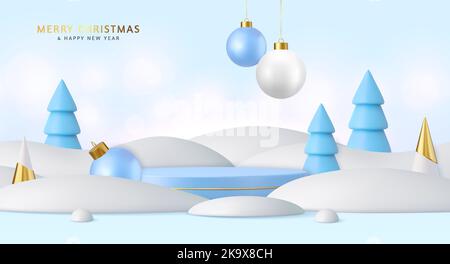 3D Weihnachtshintergrund mit zylindrischem Podium für Werbeaktionen. Runde Bühne für Präsentation des Verkaufsprodukts. Stock Vektor