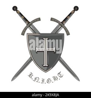 Ritter Schwert. Zwei gekreuzte Ritter des Schwertes und mittelalterlichen Wappschild Stock Vektor