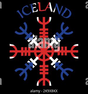 Ruder der Ehrfurcht, Ruder des Terrors, isländische magische Hügel, Ägischjalmur, mit isländischer Flagge Stock Vektor