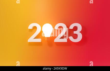 Neujahr 2023 mit einer Glühbirne auf gradienten gelb-orange Hintergrund. Kreativität Inspiration, Planung Ideen Konzept. 3D Abbildung. Stockfoto