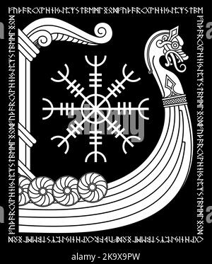 Kriegsschiff der Wikinger. Drakkar, altskandinavisches Muster und norische Runen Stock Vektor