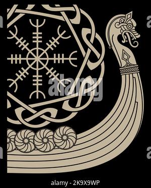 Kriegsschiff der Wikinger. Drakkar, altskandinavisches Muster und norische Runen Stock Vektor