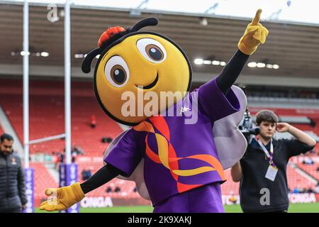 Middlesbrough, Großbritannien. 30. Oktober 2022. RugBee unterhält die Menge während des Rugby League World Cup 2021 Gruppe-D-Spiels Tonga gegen Cook-Inseln im Riverside Stadium, Middlesbrough, Großbritannien, 30.. Oktober 2022 (Foto von Mark Cosgrove/News Images) in Middlesbrough, Großbritannien am 10/30/2022. (Foto von Mark Cosgrove/News Images/Sipa USA) Quelle: SIPA USA/Alamy Live News Stockfoto