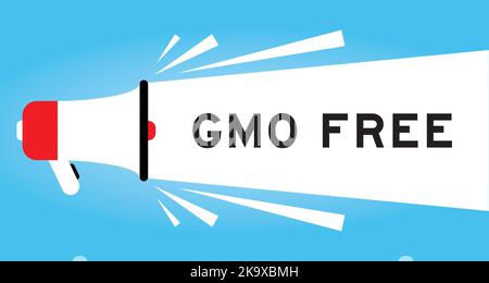 Farb-Megphone-Symbol mit dem Wort GMO (Abkürzung für gentechnisch veränderte Organismen) frei in weißem Banner auf blauem Hintergrund Stock Vektor