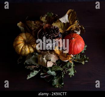 Autumn Still Life - Herbstblätter Kürbis, kleine Kürbis und Pinienzapfen Stockfoto