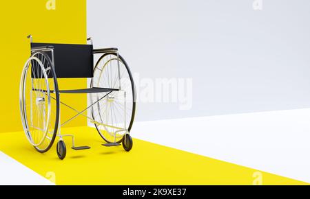 Rollstuhl isoliert auf weißem und gelbem Hintergrund. 3D Rendering Stockfoto