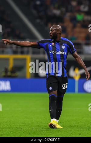 Romelu Lukaku vom FC Internazionale zeigt sich während des Fußballspiels der Serie A 2022/23 zwischen dem FC Internazionale und der UC Sampdoria im Giuseppe Meazza Stadium. Endergebnis; Inter 3:0 Sampdoria. (Foto von Fabrizio Carabelli / SOPA Images/Sipa USA) Stockfoto