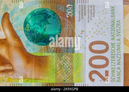 Makroaufnahme von zweihundert schweizer Franken Banknoten Stockfoto