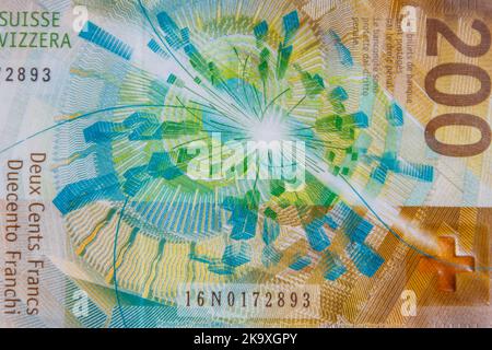 Makroaufnahme von zweihundert schweizer Franken Banknoten Stockfoto