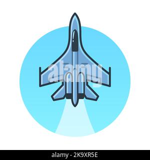 Militärischer Kampfjet auf blauem Kreis. Einfache Karikatur flache Linie Symbol, Vektor-Illustration. Stock Vektor