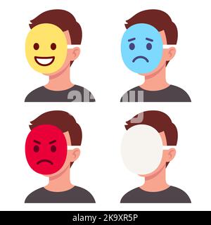 Person mit Emoji-Maske, die das Gesicht bedeckt und Emotionen durch Symbole zeigt. Glücklich, traurig, wütend und unbekümmert. Vektorgrafik Clip Art Illustration. Stock Vektor