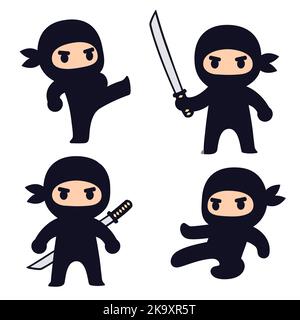 Niedliche Cartoon Ninja Charakter-Set. Einfache Zeichnung von Ninja mit Katana, Springen und Kämpfen. Vektorgrafik Clip Art Illustration. Stock Vektor