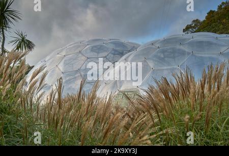 Honigwaben-förmige ökologische Biomes beim Eden Project in Bodelva, St. Austell, Cornwall Stockfoto