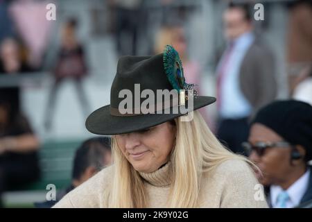 Ascot, Bergen, Großbritannien. 29.. Oktober 2022. Eine Rennfahrerin trägt eine Pfauenfeder auf ihrem stylischen Hut. Quelle: Maureen McLean/Alamy Live News Stockfoto