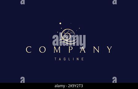 Vektor goldenes Logo, auf dem ein abstraktes Bild einer Muschel mit zwei Wellen an der Basis. Stock Vektor