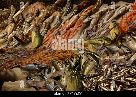 Der Fischmarkt von Catania ist lebhaft, lebhaft, farbenfroh und düster mit einer aufregenden Atmosphäre. Stockfoto