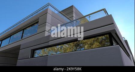 Blick von unten auf den blauen Himmel an der Ecke eines futuristischen Hauses, das mit Metall-Verbundplatten ausgekleidet ist. Fortgeschrittene Terrassen sind mit Glas eingezäunt. 3D ren Stockfoto