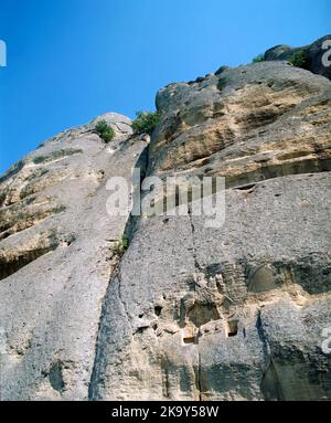 Madara Rider oder Madara Horseman, ein mittelalterliches Flachrelief, das auf einem steilen Felsen in der Nähe des Dorfes Madara im Nordosten Bulgariens geschnitzt wurde Stockfoto