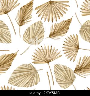 Aquarell Nahtloses Muster mit trockenen Palmenblättern im Boho-Stil. Handgezeichneter tropischer Hintergrund für Textildesign oder Tapete. Goldener Druck auf Weiß Stockfoto
