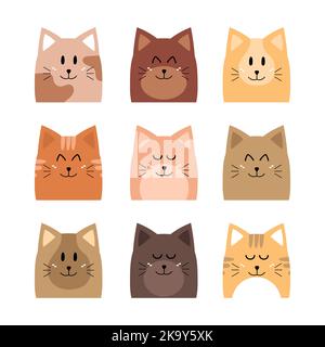 Vektor-Illustration von lustigen Katzengesichtern. Sammlung von neun Tierporträts für Aufkleber, Masken, Ikonen, Avatare, Social Media. PET-Zeichen. Katzentag Stock Vektor
