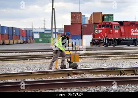 Franklin Park, Illinois, USA. Ein Eisenbahner wirft manuell einen Außenschalter auf eine Bleischiene, um einer Lokomotive den Zugang zu einer anderen Schiene zu ermöglichen. Stockfoto