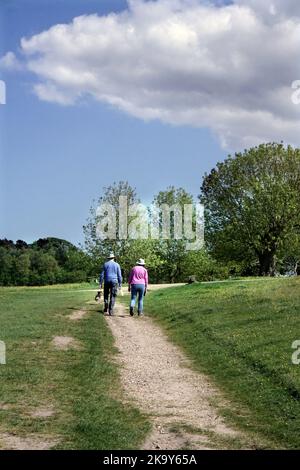 Ältere Paare mittleren Alters, die mit Hund auf dem Landweg spazieren gehen Stockfoto