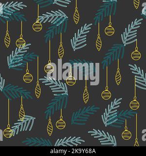 Weihnachtlich schwarzes nahtloses Muster mit linear farbigen Christbaumzweigen mit Kugeln. Geschenkpapier für Geschenke, für Websites. Vektor Stock Vektor