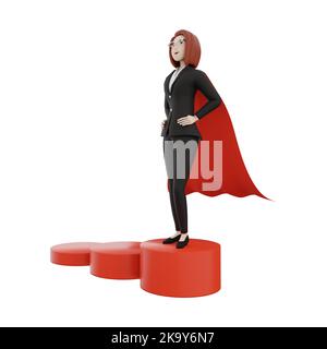 3D Illustration einer schönen blonden Frau im Superhelden-Cape mit gekreuzten Armen. 3D Render super busienss Frau Illustration auf weißem Hintergrund Stockfoto