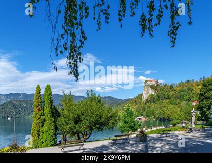 Blick entlang des Seeufer in Richtung Schloss Bled, Dorf Bled, Bleder See, Slowenien Stockfoto