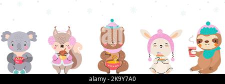 Essen und Trinken niedlichen Cartoon Tiere. Koala, Hase, Bär, Faultier und Eichhörnchen isoliert. Wildtiere halten süßen Kuchen und Kaffee, heiße Schokolade Stock Vektor