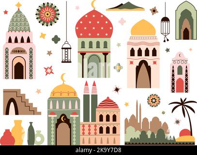 Ramadan kareem islamischen Elementen. Isolierte Lampe, mosaikartige arabische Fenster und Türen. Moschee Silhouetten, dekorative Vasen dezente Vektor abstrakt orientalisch Stock Vektor