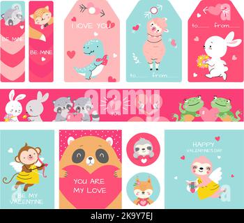 Valentinstag Etiketten, Banner und Geschenk-Tags mit niedlichen Cartoon-Tiere in der Liebe. Romantische druckbare Vorlagen, präsentieren Dekorationen. Nowaday-Vektor Stock Vektor