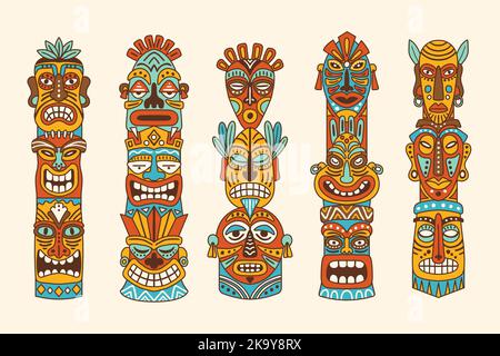 Einheimische Stammesmasken. Indische Totems Tiki hawaii maskiert neue Vektor authentische Mythologie-Symbole Stock Vektor