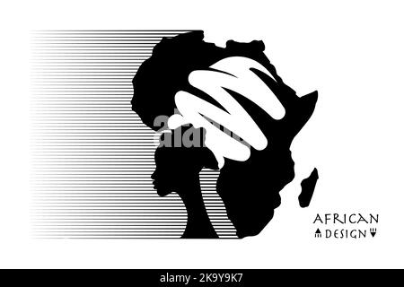 Afrikanisches Frauenporträt in ethnischem Turban, Silhouette, Afrika-Kontinent-Karte. Afrika Mutterland, Afro-Design, Tribal-Logo-Vorlage, Banner-Vektor isolieren Stock Vektor