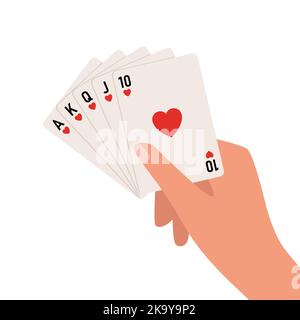 Hand mit Spielkarten. Ein königlicher Straight Flush in den Herzen. Vektorgrafik Stock Vektor