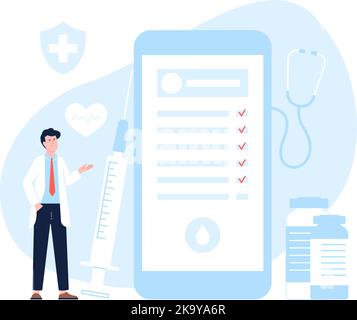 Online-Krankenakte, Gesundheitsbericht auf dem Smartphone-Bildschirm. Ärztliche Untersuchung und Arzt. Digital Medicine Service, Telemedizin jüngste Vektor-Konzept Stock Vektor