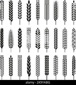 Symbole für Silhouetten aus schwarzem Weizen. Ohren Körner, Bäckerei und Brot Symbol. Gerste Hafer, Gluten isoliert Piktogramm. Landwirtschaftliche Lebensmittel ordentlich Vektor-Sammlung Stock Vektor