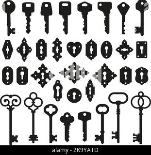 Schlüssel- und Schlüssellochsilhouetten. Alte Vintage-Schlüsselloch, antike Schlüssel, schwarze Silhouetten. Türschlösser, mittelalterliche Locked Elements Kollektion. Privatsphäre ordentlich Stock Vektor