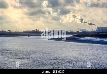 1981 Archivfoto der Ansicht landeinwärts entlang des Flusses Great Ouse zur Zuckerrübenfabrik im Hintergrund, von King's Lynn, Norfolk. Stockfoto