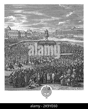 Ludwig XIV., König von Frankreich, sitzt in einer Kutsche, umgeben von seiner Wache und seinem Hof. Die Kutsche überquert Pont-Neuf in Paris mit der Reiterstatue von Stockfoto