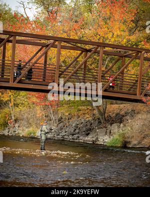 Fallen Sie entlang des Boise River mit Brücke und Mann Angeln Stockfoto