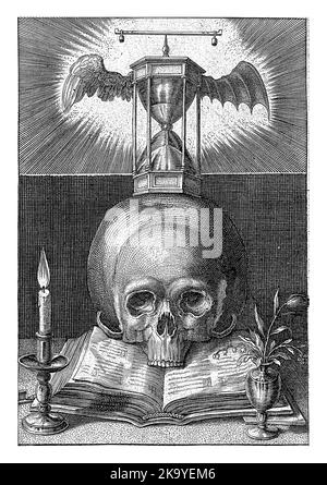 Titelbild mit Totenkopf und Sanduhr, Hendrick Hondius (I), 1626 Ein Totenkopf auf einem offenen Buch zwischen einer Blume in einer Vase und einer brennenden Kerze. Stockfoto