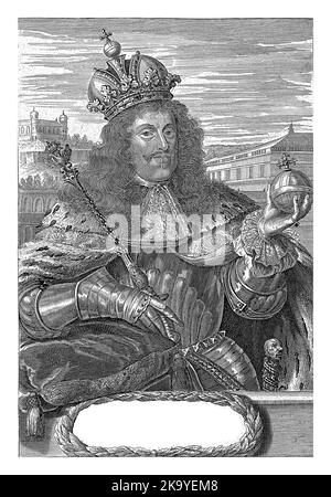 Porträt des Kaiser mit Zepter und Reichsapfel in den Händen. Leopold trägt einen Bergwerksmantel und die Kaiserkrone. Stockfoto