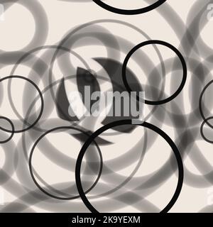 Geometrische abstrakte nahtlose Muster zufällig angeordnet schwarze Ringe auf weißem Hintergrund.Runde Formen Halbtonringe Tapete mit Layering-Effekt.für sta Stockfoto